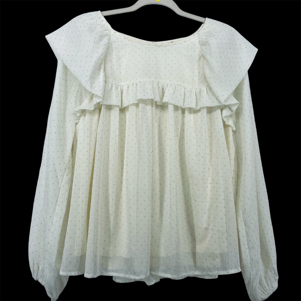 Entro Oversized Small Blouse‎ Cream Gold Metallic Polka Dot Ruffle Long Sleeve